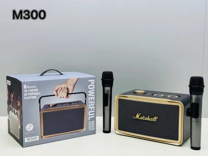 ລຳໂພງ Bluetooth ລຸ້ນ M300, ມາພ້ອມໄມໂຄຣໂຟນ 2 ອັ່ນ, ຮອງຮັບ USB TF, ສາມາດເພີ່ມສຽງເບສ ແລະ ຫຼຸດສຽງເບສໄດ້, ອອກແບບສວຍງາມ ສາມາດຮ້ອງຄາລາໂອເກະໄດ້.  ສຽບໃສ່ flash drive